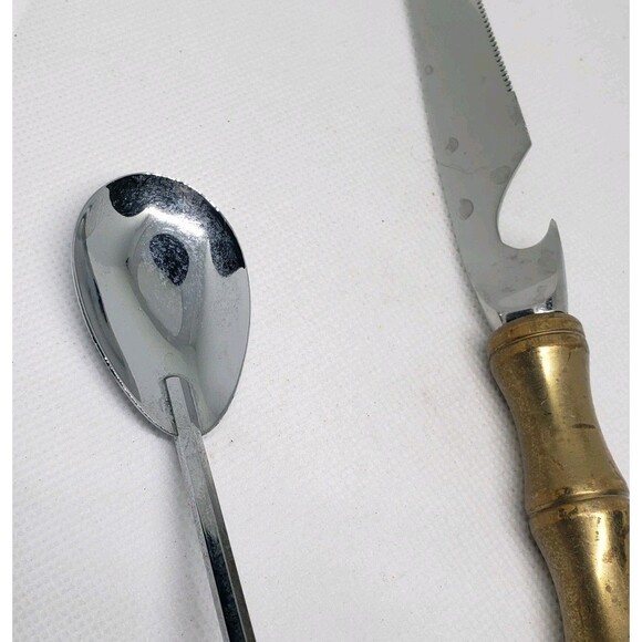 Vintage BAR / BARTENDERS Knife Bottle Opener Sheffield Spoon Brass Bamboo Handle - Picture 5 of 6